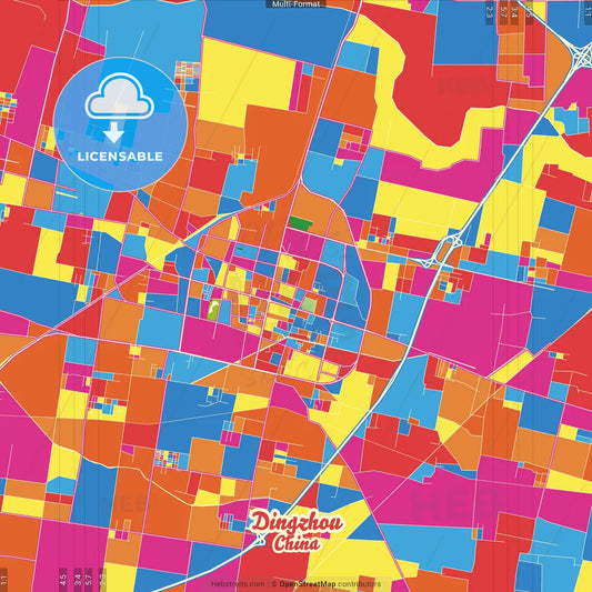 Dingzhou, Hebei, China Crazy Colorful Street Map Poster Template