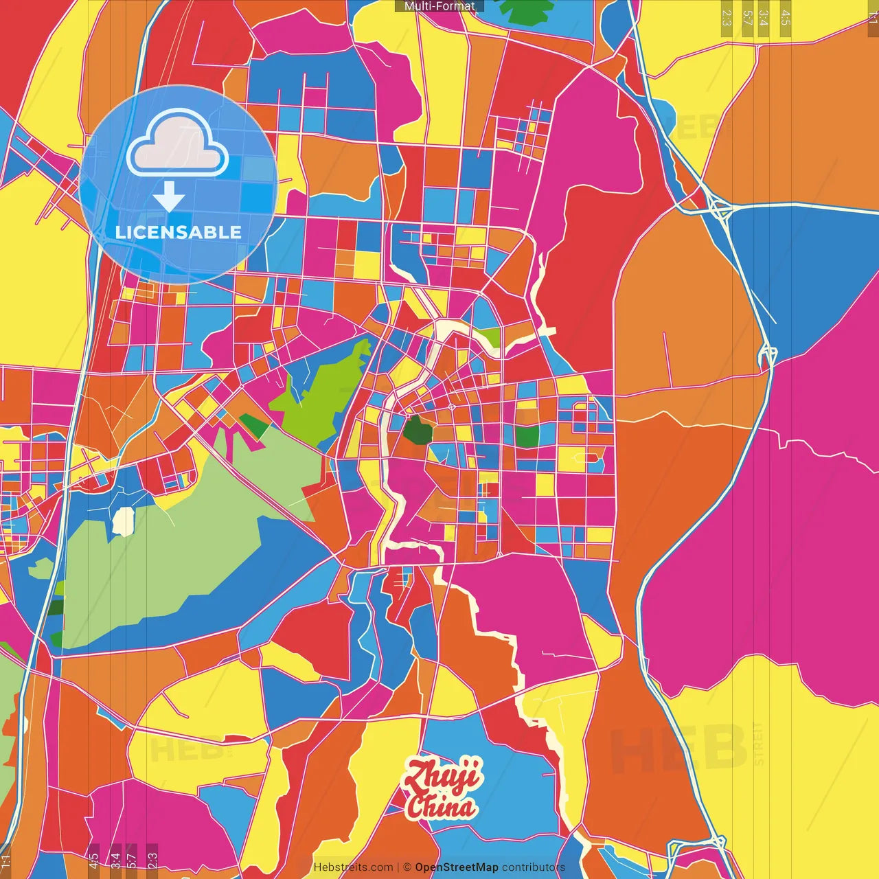 Zhuji, Zhejiang, China Crazy Colorful Street Map Poster Template