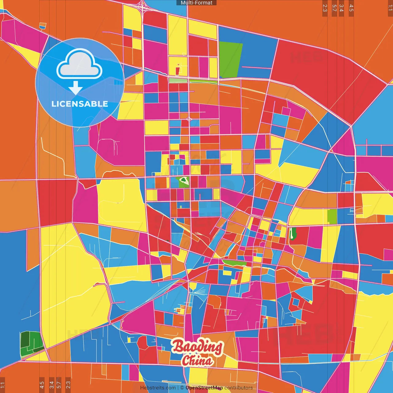 Baoding, Hebei, China Crazy Colorful Street Map Poster Template