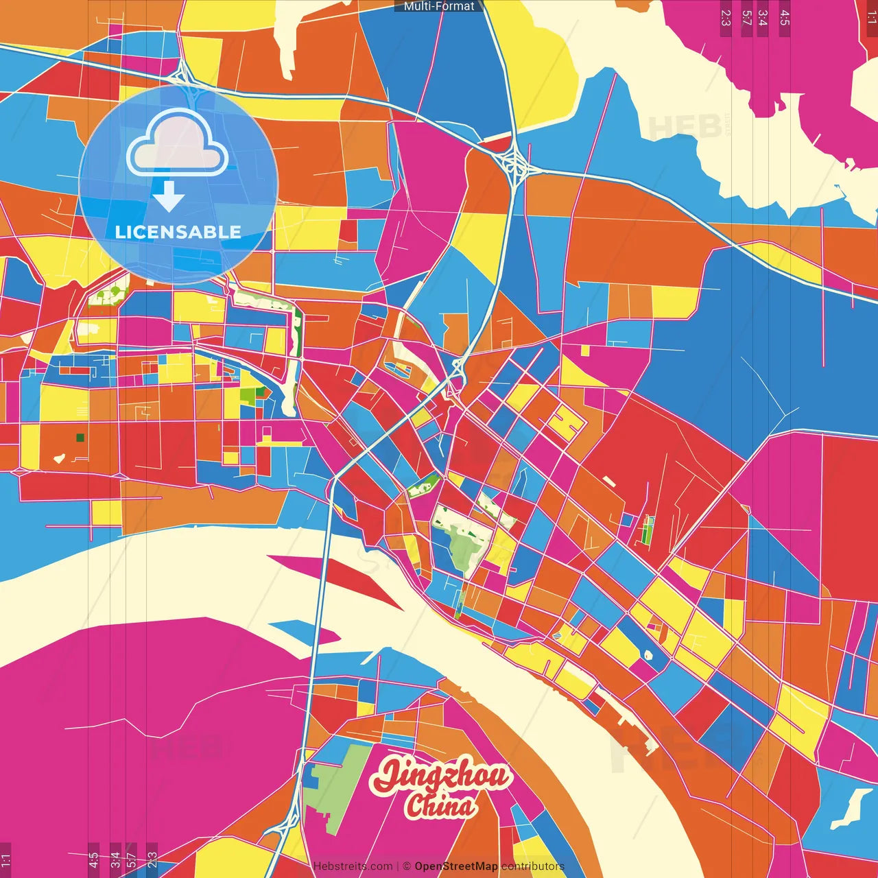 Jingzhou, Hubei, China Crazy Colorful Street Map Poster Template