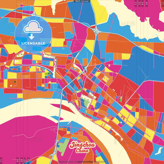 Jingzhou, Hubei, China Crazy Colorful Street Map Poster Template