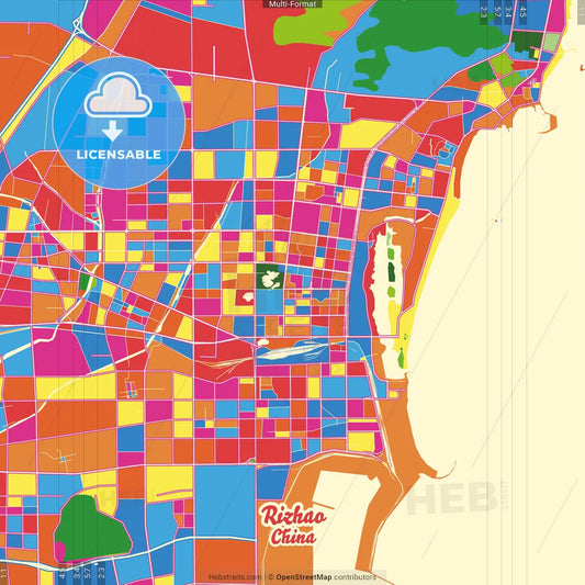 Rizhao, Shandong, China Crazy Colorful Street Map Poster Template