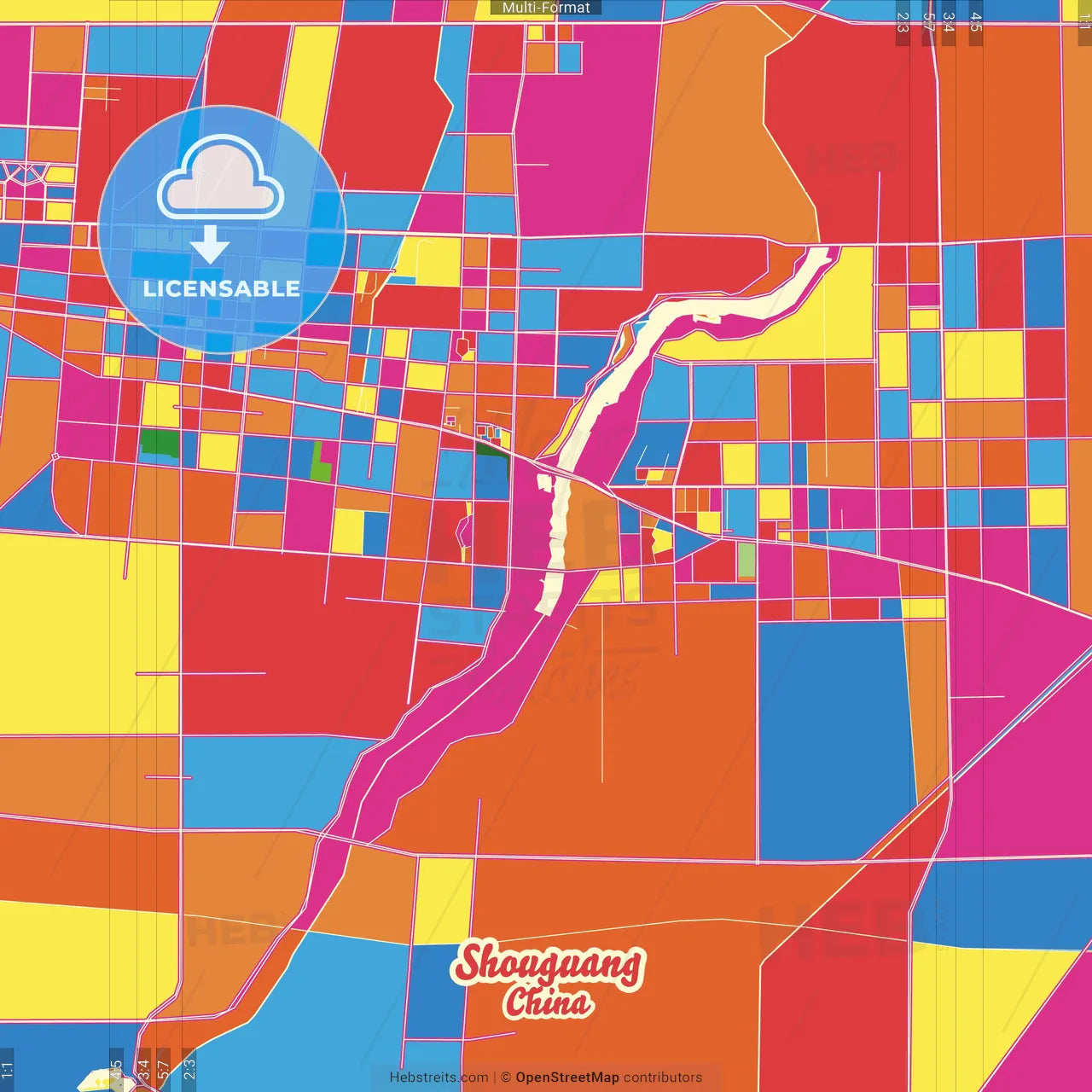 Shouguang, Shandong, China Crazy Colorful Street Map Poster Template