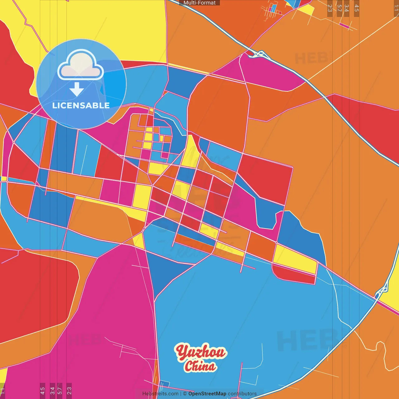 Yuzhou, Henan, China Crazy Colorful Street Map Poster Template