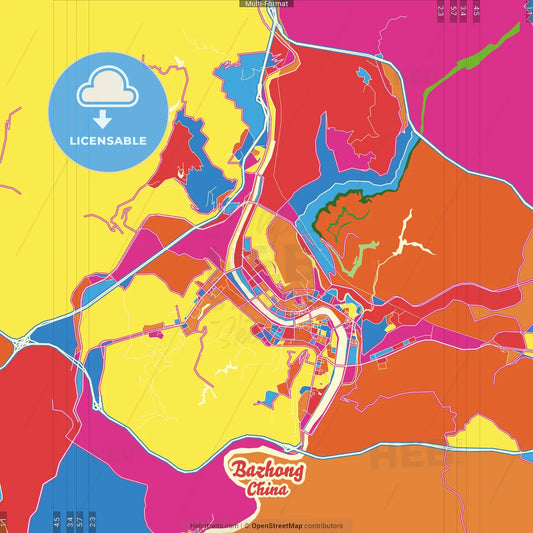 Bazhong, Sichuan, China Crazy Colorful Street Map Poster Template