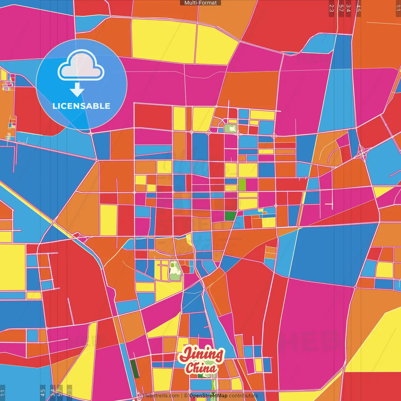Jining, Shandong, China Crazy Colorful Street Map Poster Template