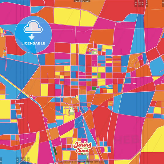 Jining, Shandong, China Crazy Colorful Street Map Poster Template