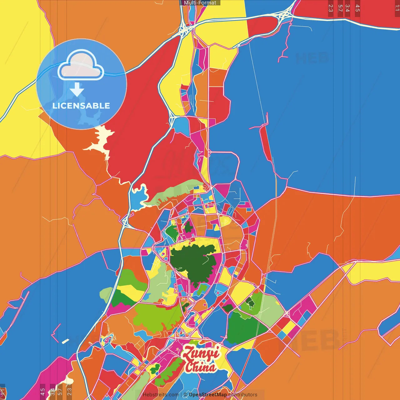 Zunyi, Guizhou, China Crazy Colorful Street Map Poster Template