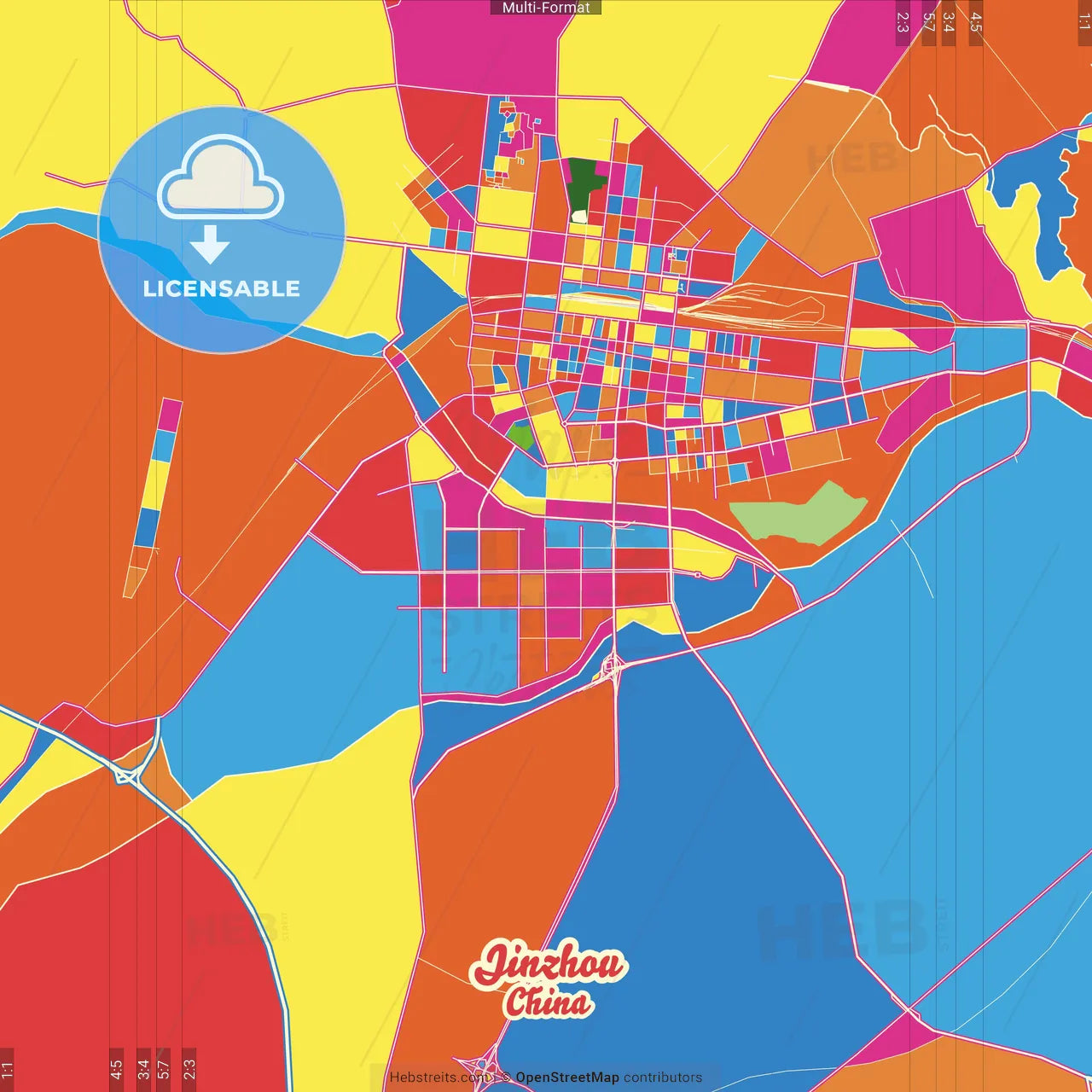 Jinzhou, Liaoning, China Crazy Colorful Street Map Poster Template
