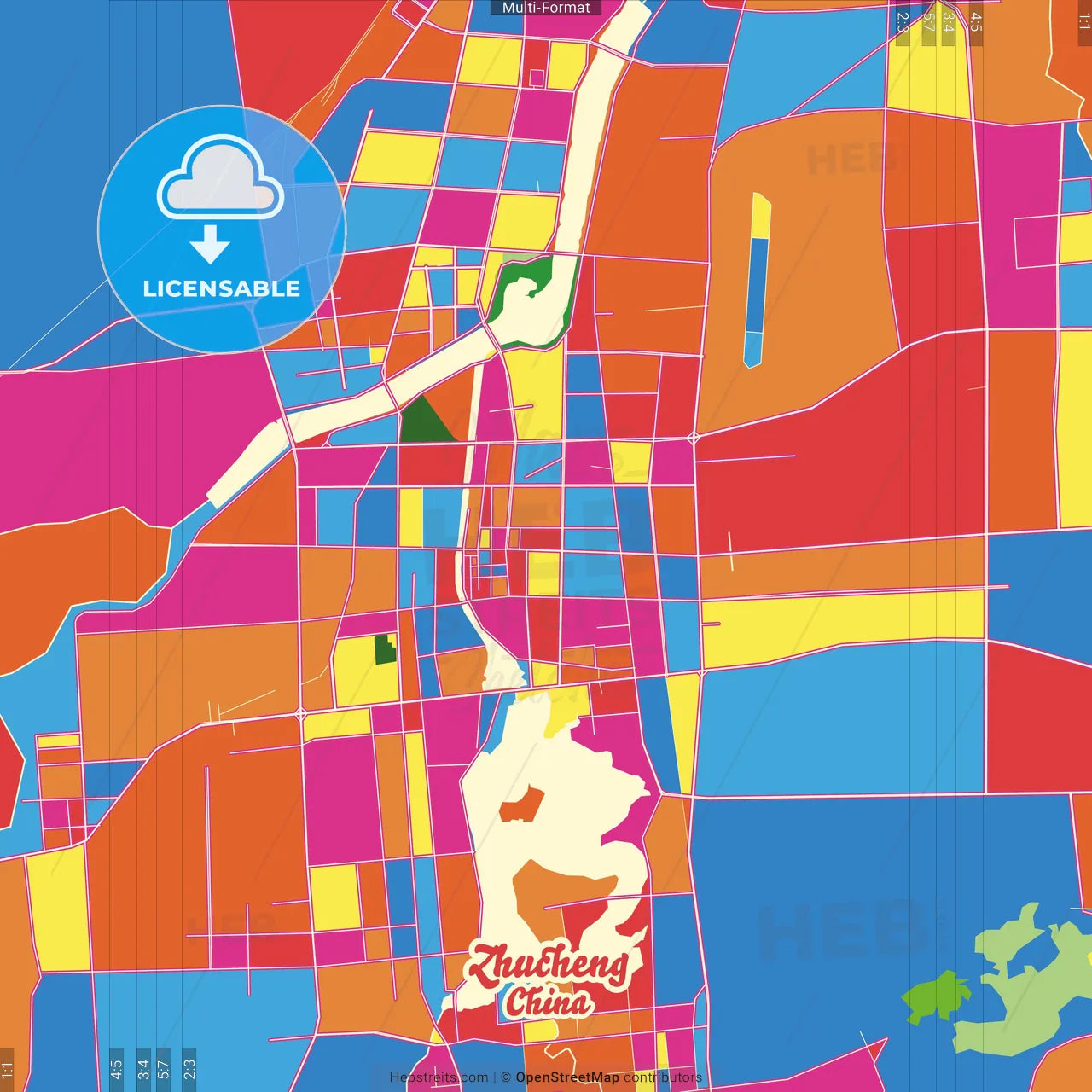 Zhucheng, Shandong, China Crazy Colorful Street Map Poster Template