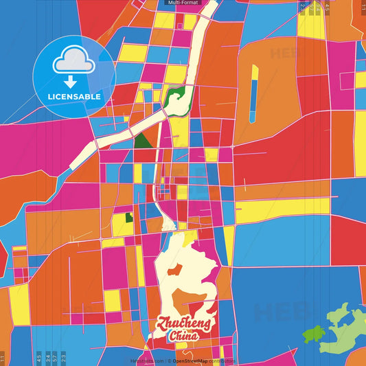 Zhucheng, Shandong, China Crazy Colorful Street Map Poster Template