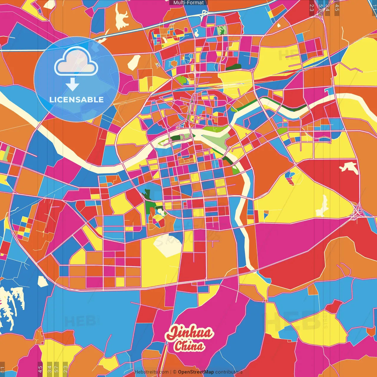 Jinhua, Zhejiang, China Crazy Colorful Street Map Poster Template