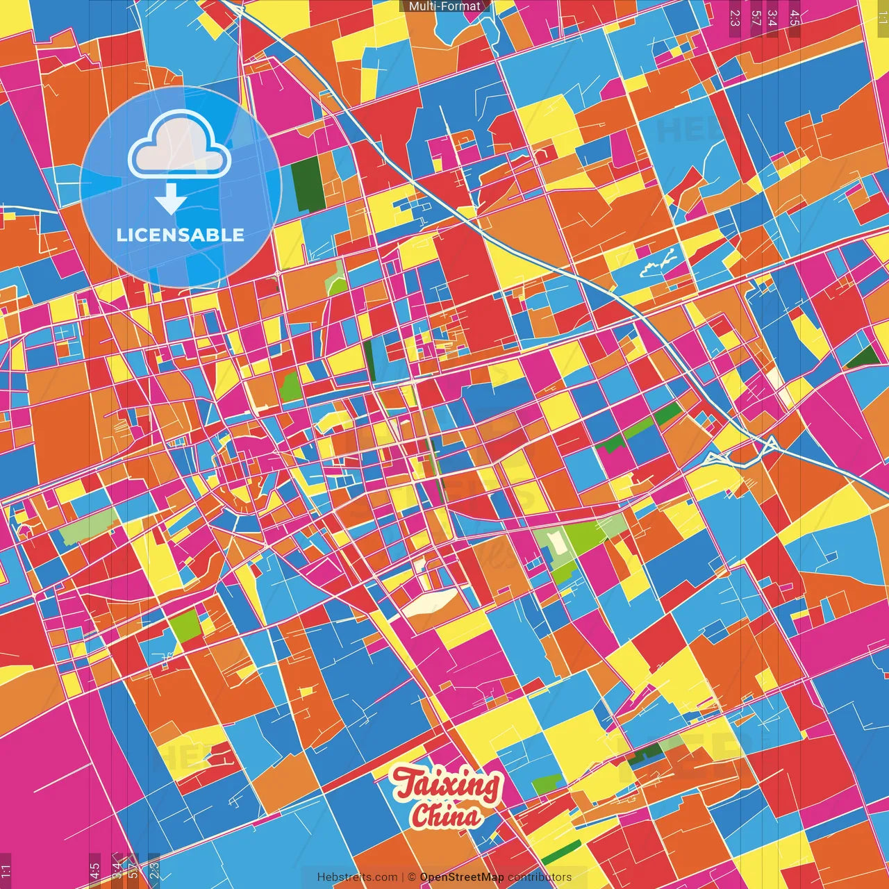 Taixing, Jiangsu, China Crazy Colorful Street Map Poster Template