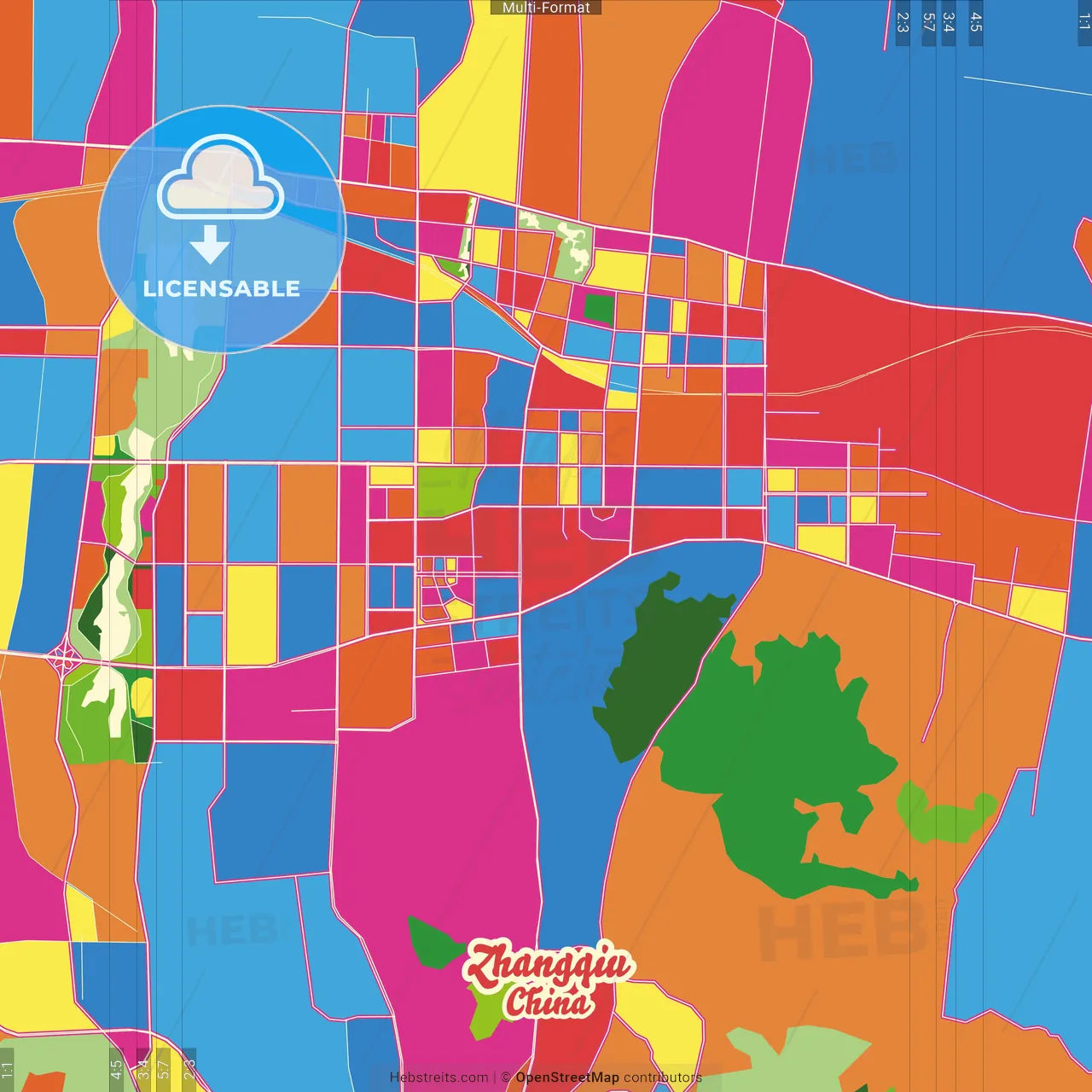 Zhangqiu, Shandong, China Crazy Colorful Street Map Poster Template