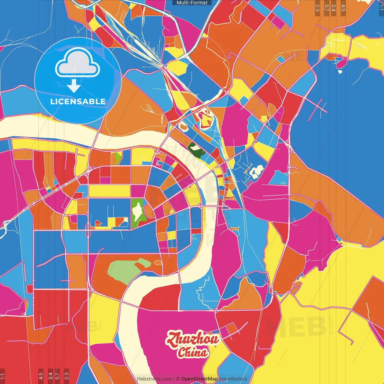 Zhuzhou, Hunan, China Crazy Colorful Street Map Poster Template