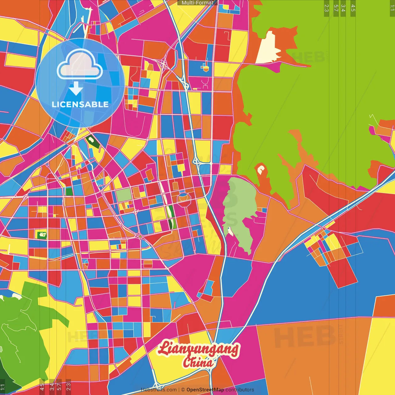 Lianyungang, Jiangsu, China Crazy Colorful Street Map Poster Template