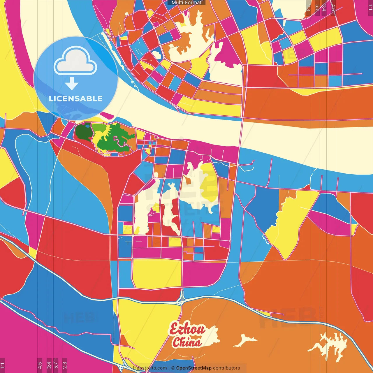 Ezhou, Hubei, China Crazy Colorful Street Map Poster Template