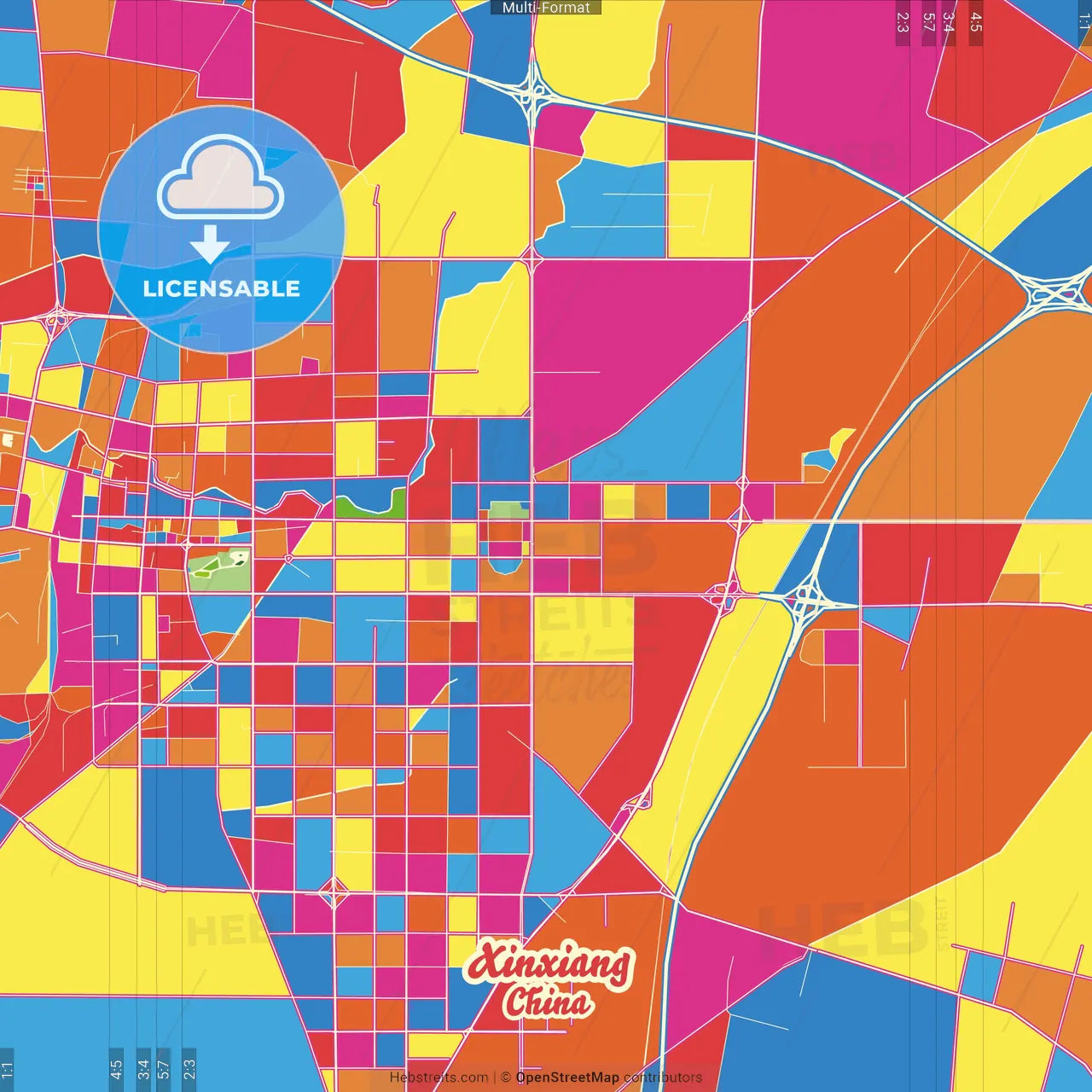 Xinxiang, Henan, China Crazy Colorful Street Map Poster Template
