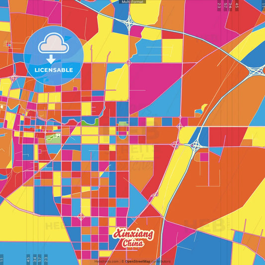 Xinxiang, Henan, China Crazy Colorful Street Map Poster Template