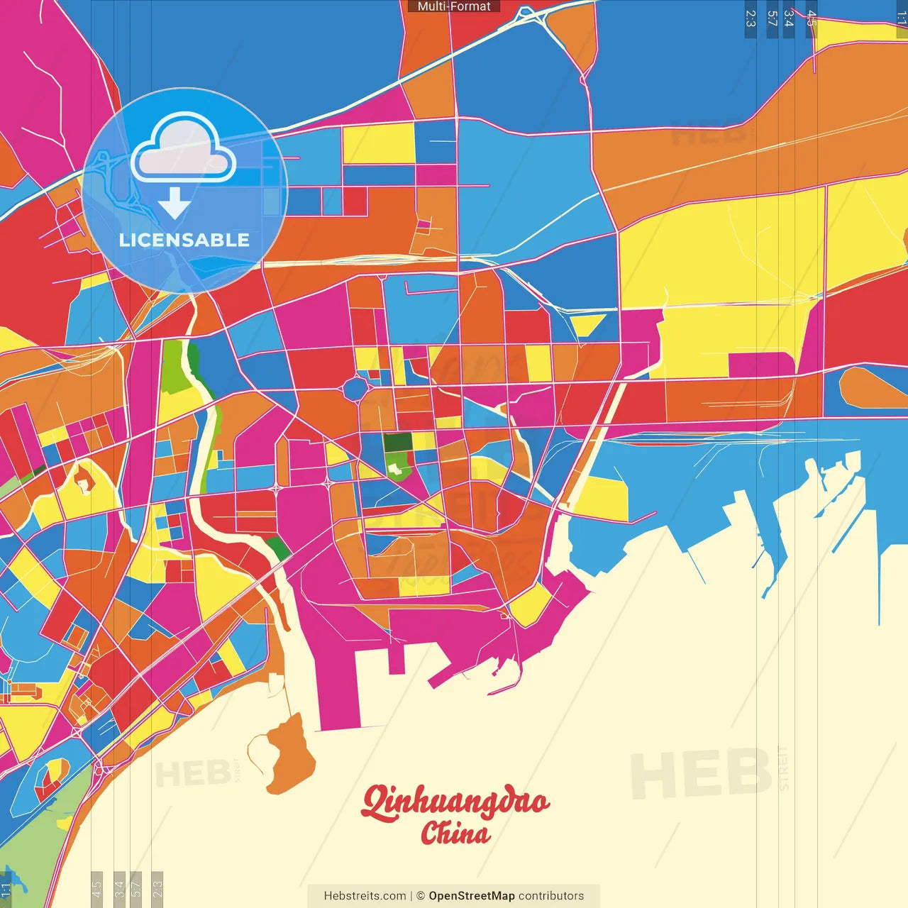 Qinhuangdao, Hebei, China Crazy Colorful Street Map Poster Template