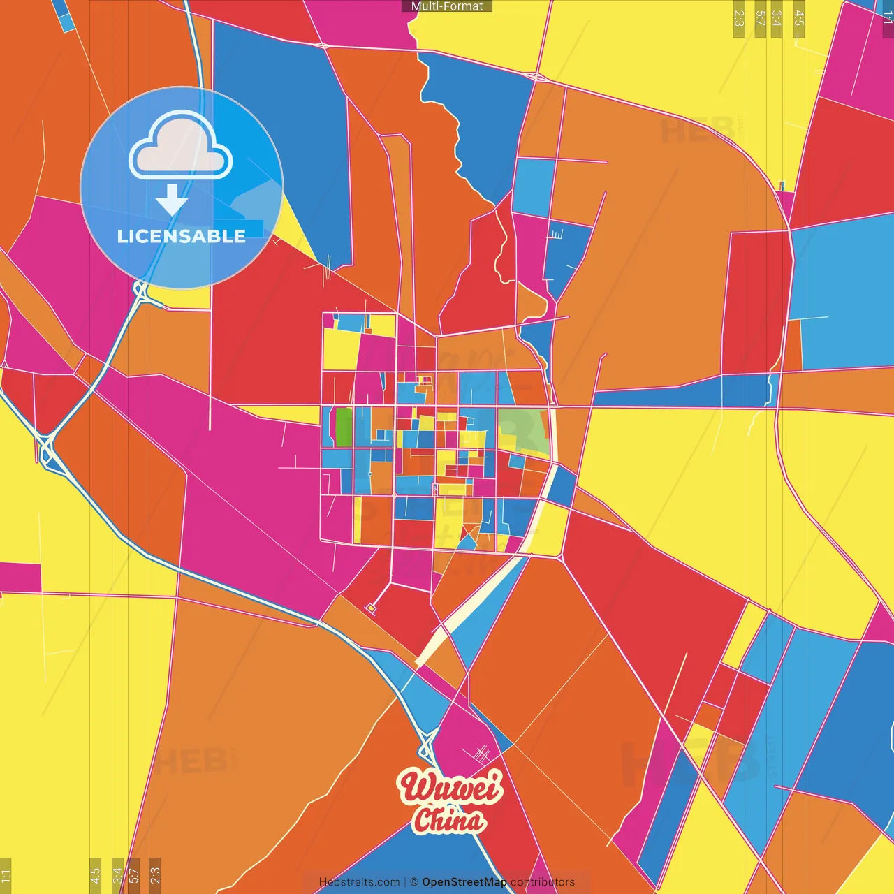 Wuwei, Gansu, China Crazy Colorful Street Map Poster Template