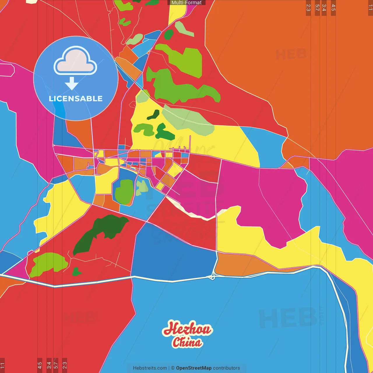 Hezhou, Guangxi, China Crazy Colorful Street Map Poster Template