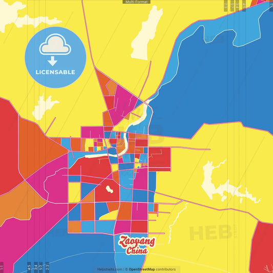 Zaoyang, Hubei, China Crazy Colorful Street Map Poster Template