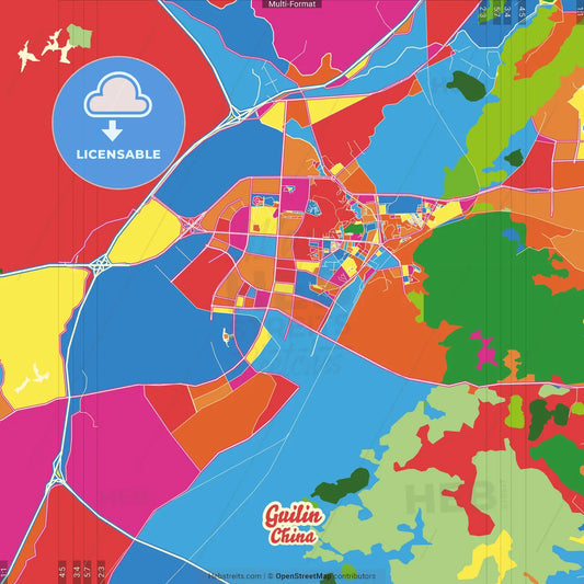 Guilin, Guangxi, China Crazy Colorful Street Map Poster Template