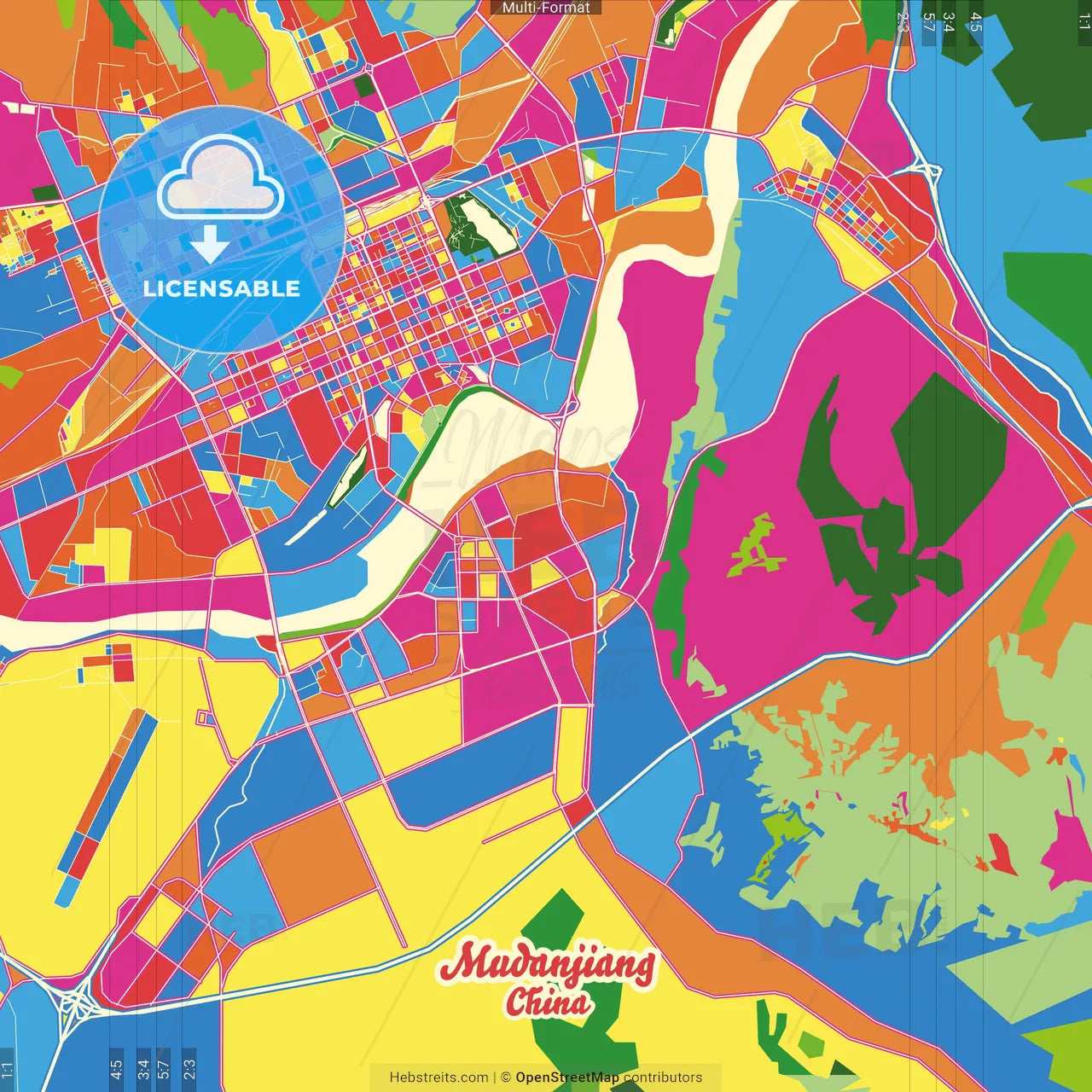 Mudanjiang, Heilongjiang, China Crazy Colorful Street Map Poster Template