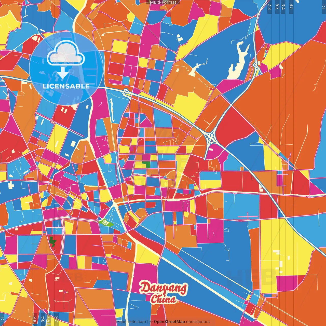 Danyang, Jiangsu, China Crazy Colorful Street Map Poster Template