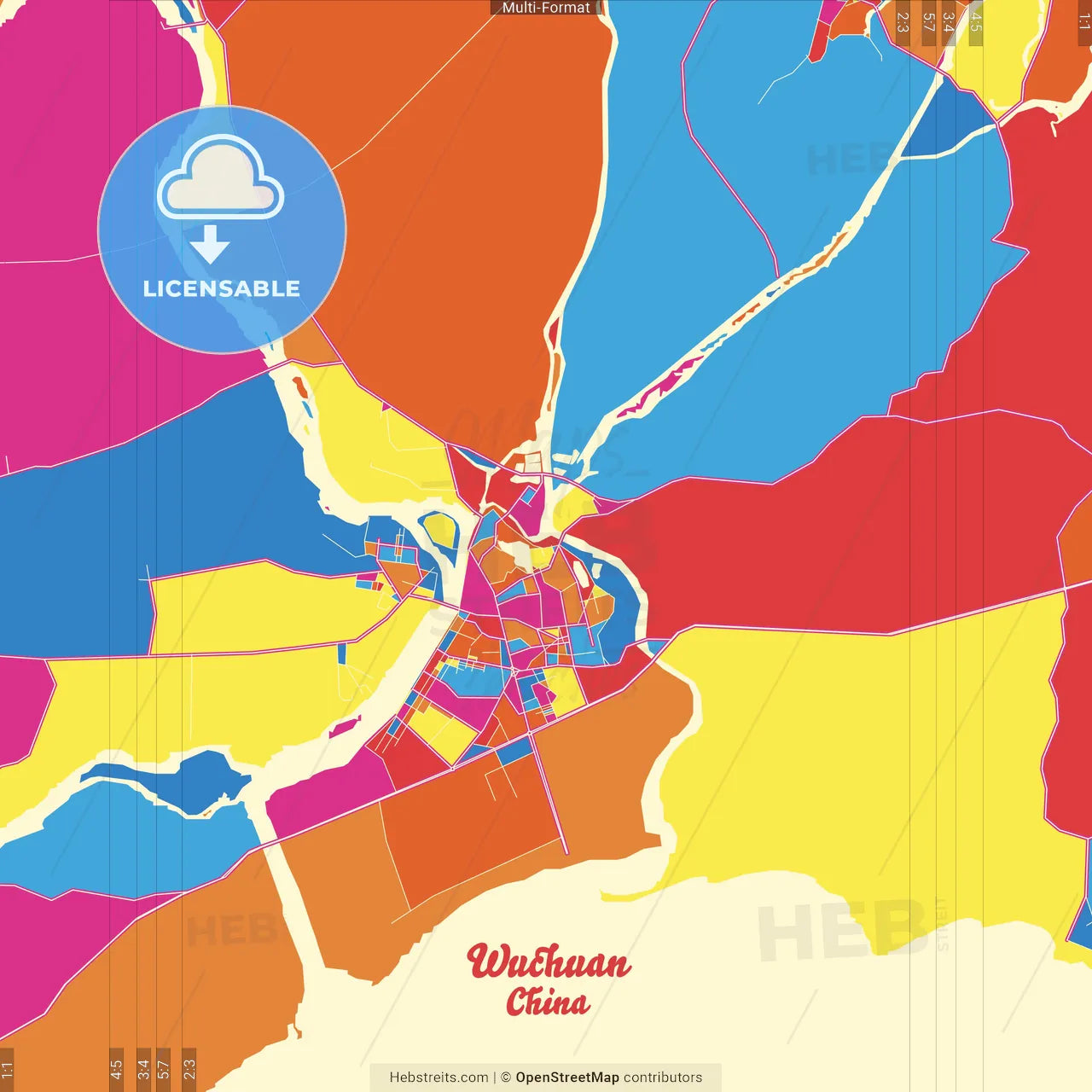 Wuchuan, Guangdong, China Crazy Colorful Street Map Poster Template
