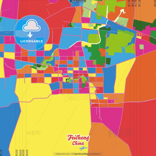 Feicheng, Shandong, China Crazy Colorful Street Map Poster Template