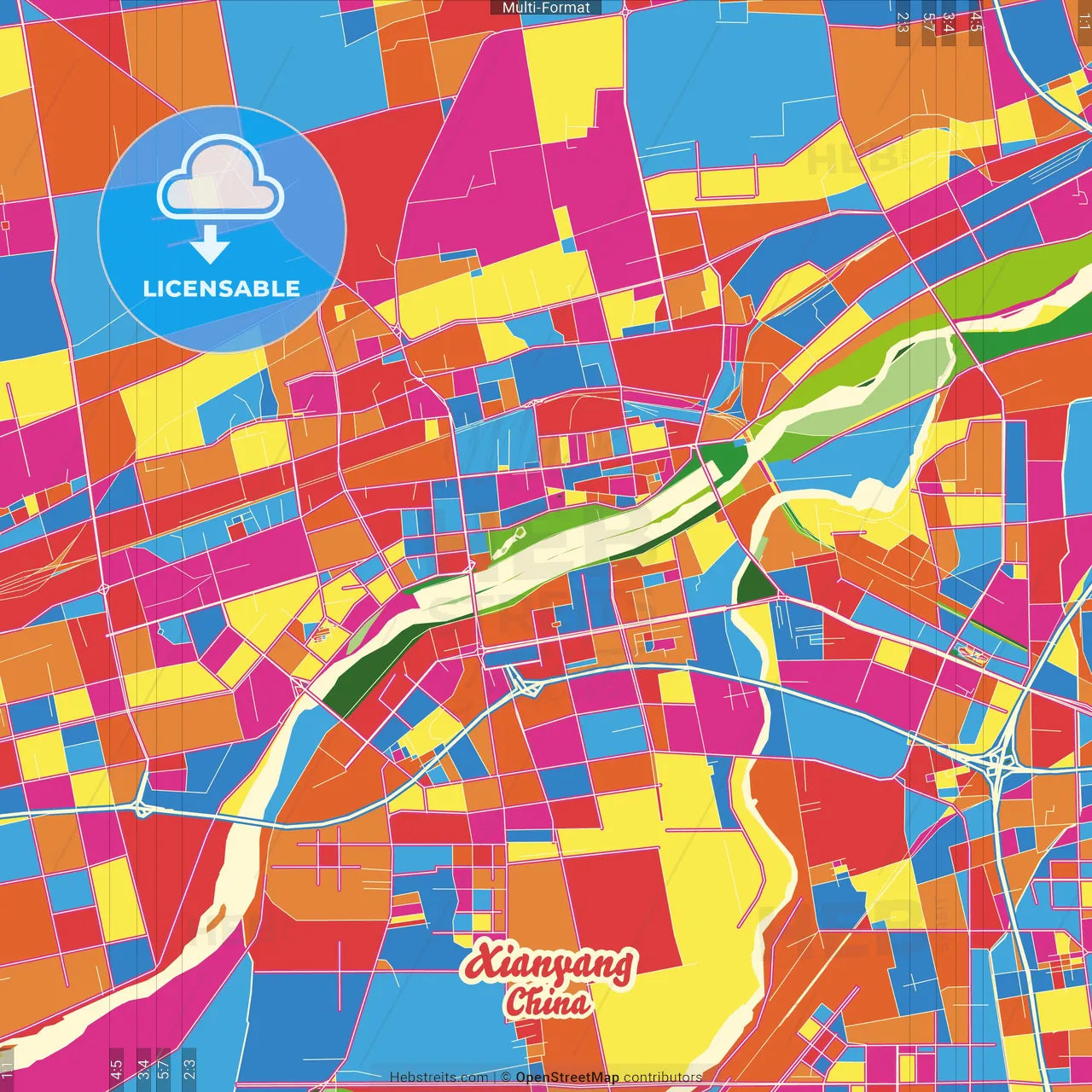 Xianyang, Shaanxi, China Crazy Colorful Street Map Poster Template