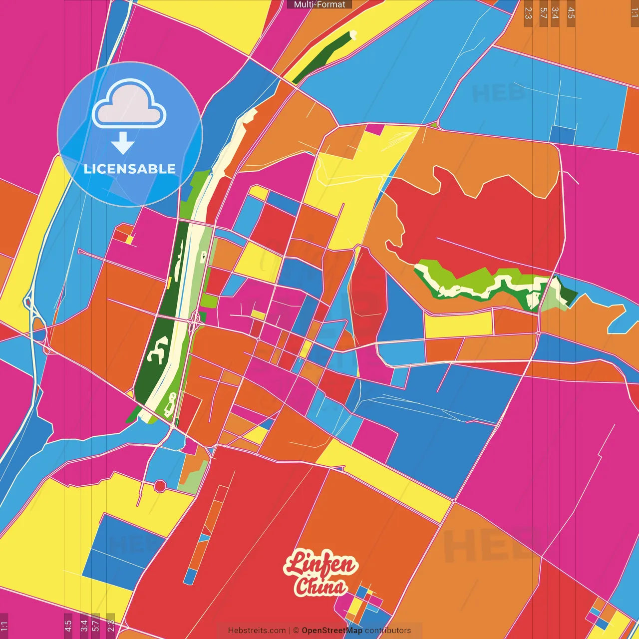 Linfen, Shanxi, China Crazy Colorful Street Map Poster Template