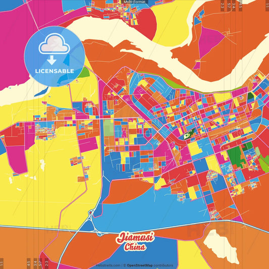 Jiamusi, Heilongjiang, China Crazy Colorful Street Map Poster Template