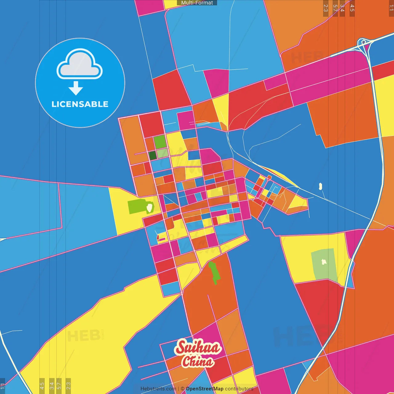Suihua, Heilongjiang, China Crazy Colorful Street Map Poster Template