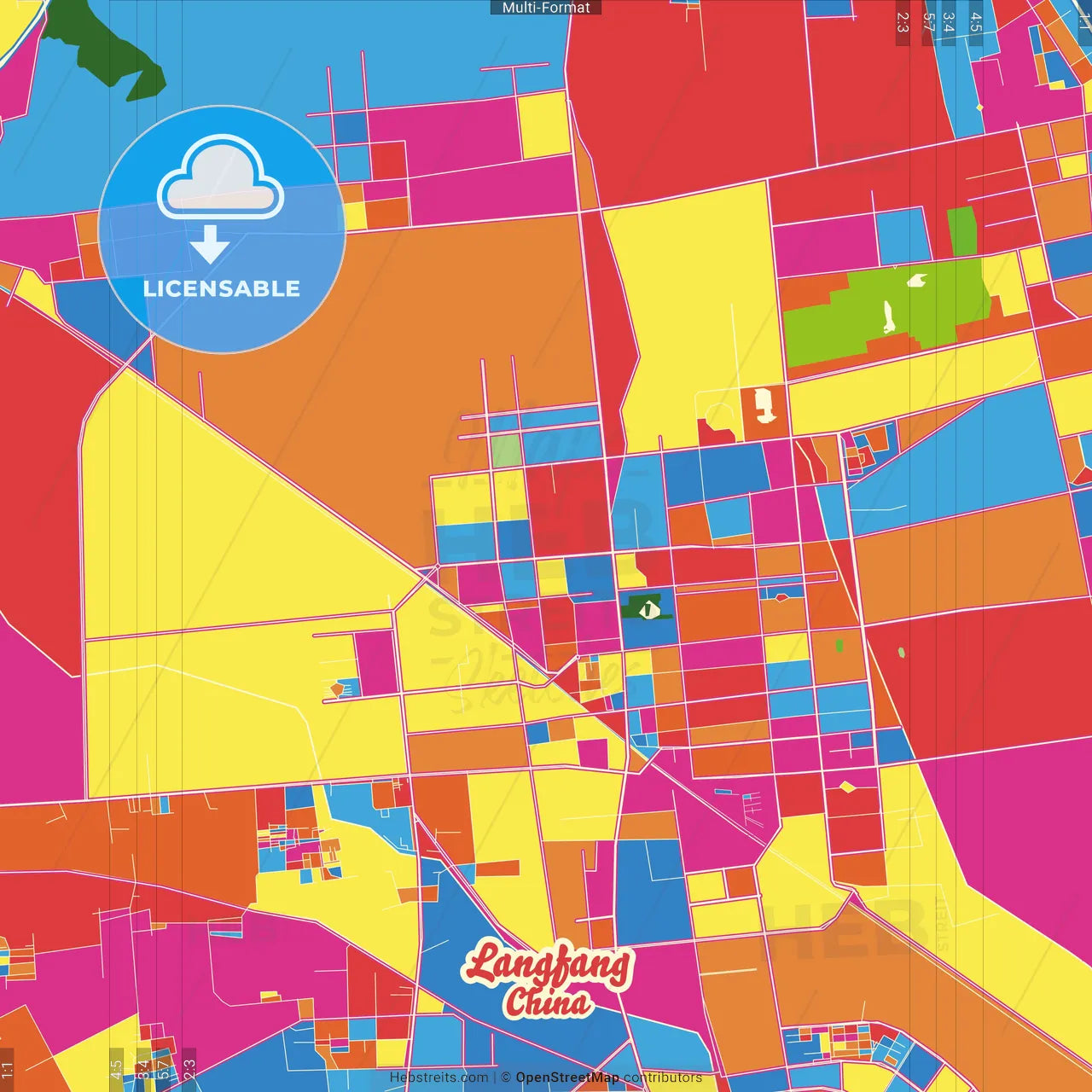 Langfang, Hebei, China Crazy Colorful Street Map Poster Template