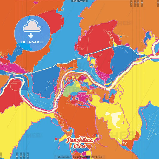 Panzhihua, Sichuan, China Crazy Colorful Street Map Poster Template