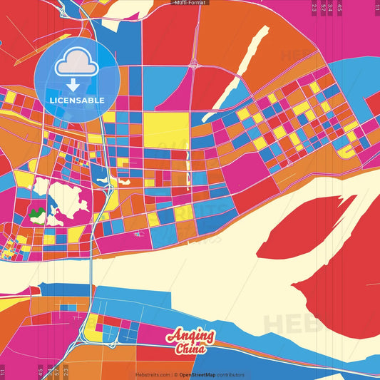 Anqing, Anhui, China Crazy Colorful Street Map Poster Template