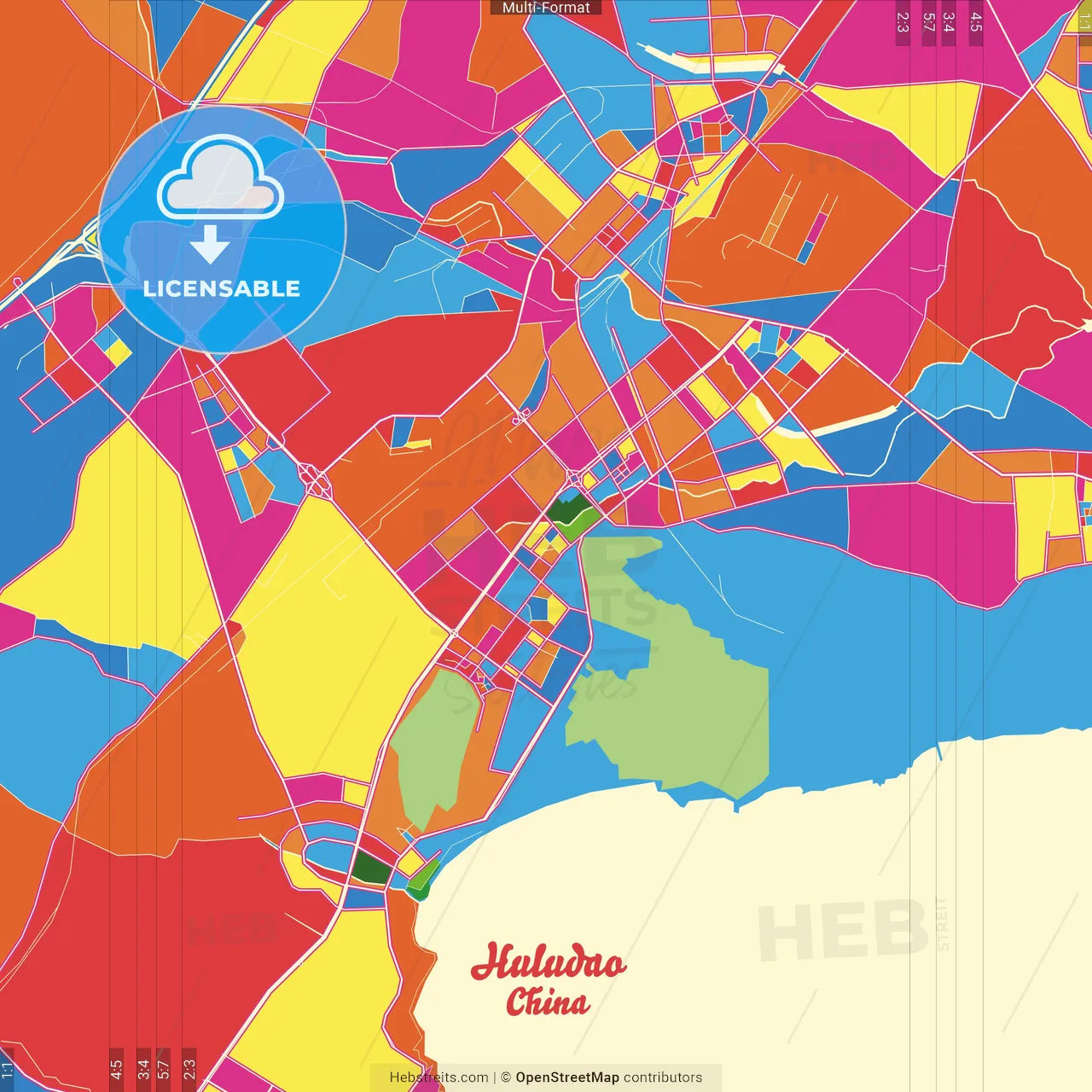 Huludao, Liaoning, China Crazy Colorful Street Map Poster Template