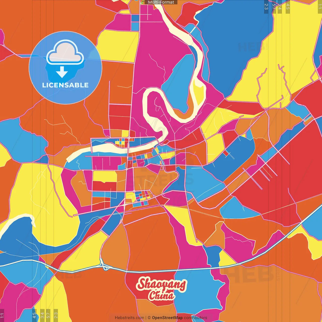 Shaoyang, Hunan, China Crazy Colorful Street Map Poster Template