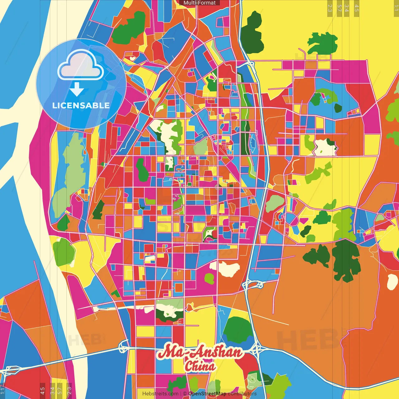 Ma-anshan, Anhui, China Crazy Colorful Street Map Poster Template