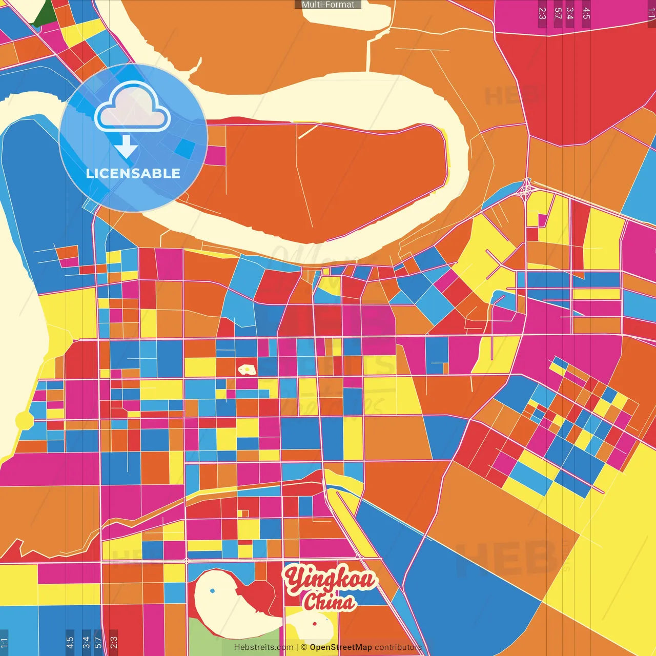 Yingkou, Liaoning, China Crazy Colorful Street Map Poster Template