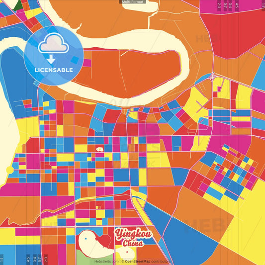 Yingkou, Liaoning, China Crazy Colorful Street Map Poster Template