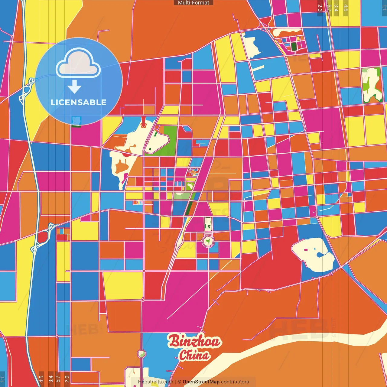 Binzhou, Shandong, China Crazy Colorful Street Map Poster Template