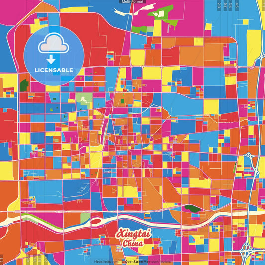 Xingtai, Hebei, China Crazy Colorful Street Map Poster Template
