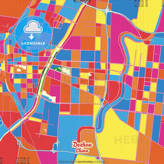 Dezhou, Shandong, China Crazy Colorful Street Map Poster Template