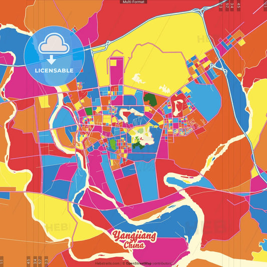 Yangjiang, Guangdong, China Crazy Colorful Street Map Poster Template
