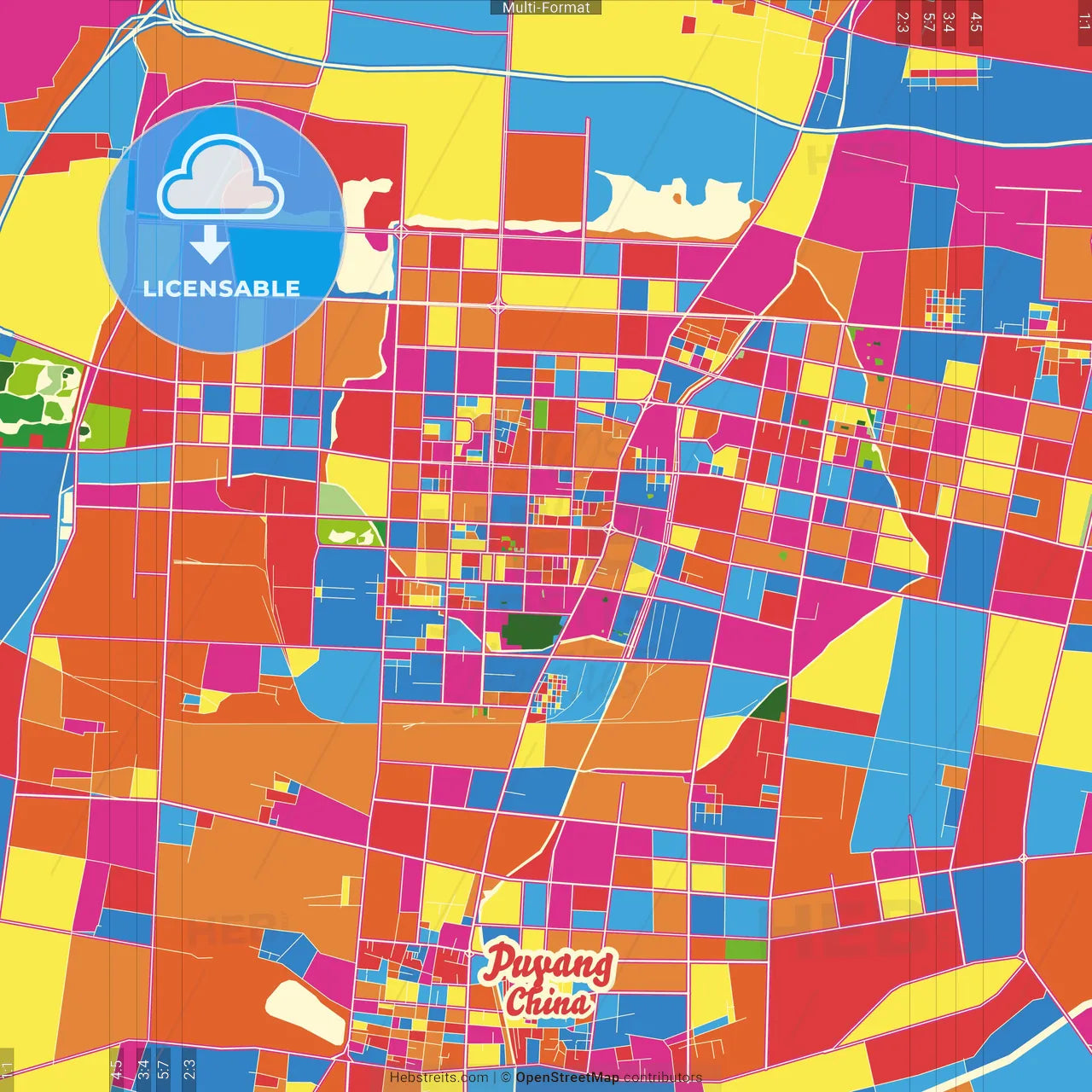 Puyang, Henan, China Crazy Colorful Street Map Poster Template