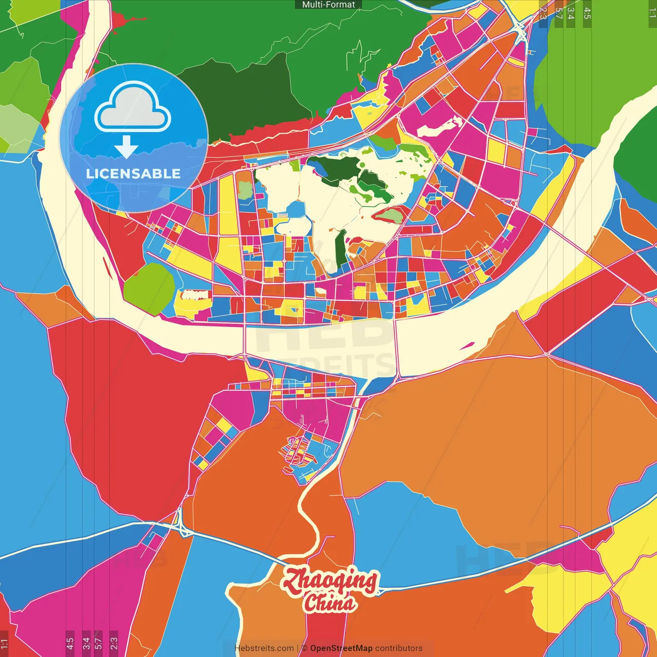 Zhaoqing, Guangdong, China Crazy Colorful Street Map Poster Template